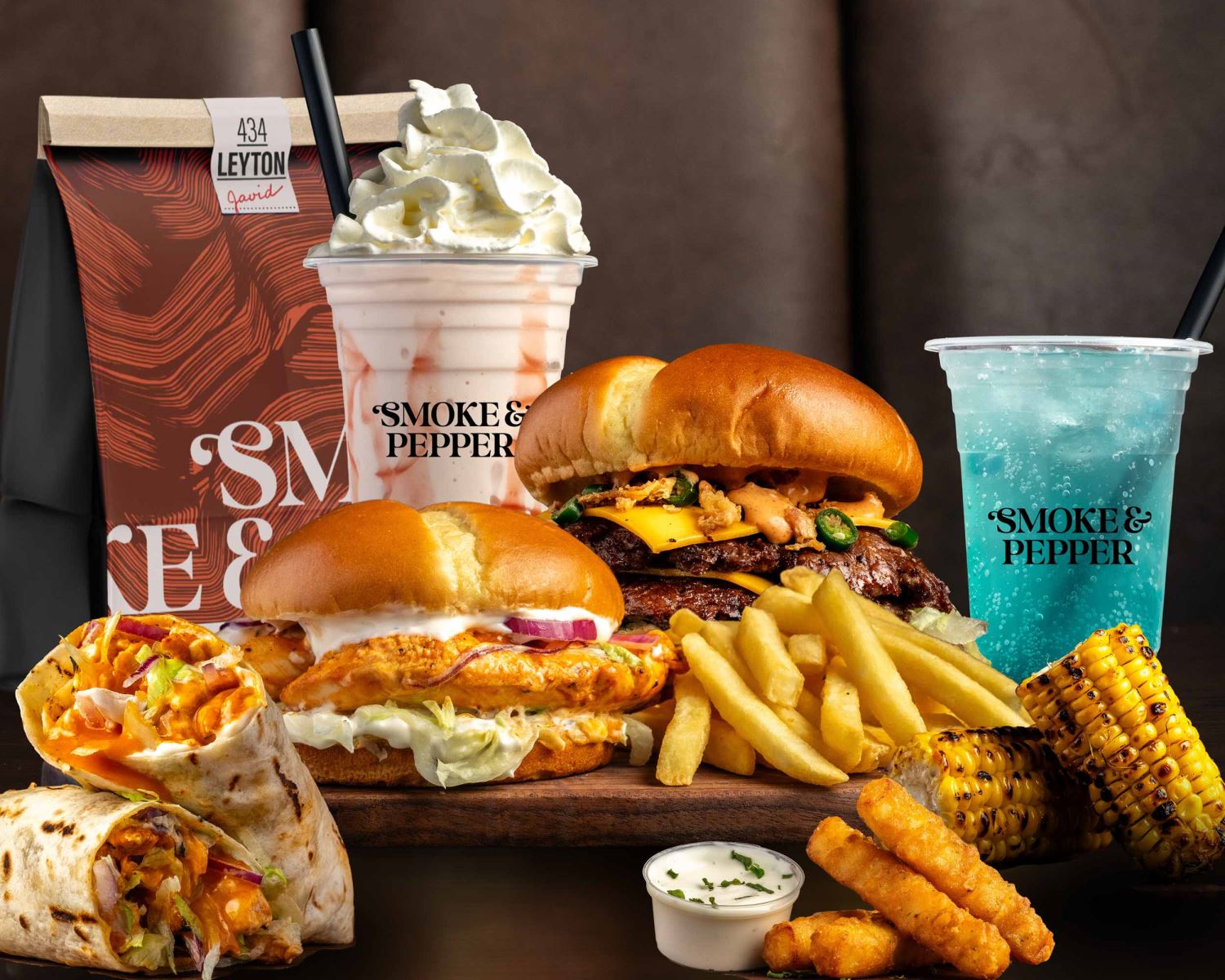 food including burgers and milkshakes